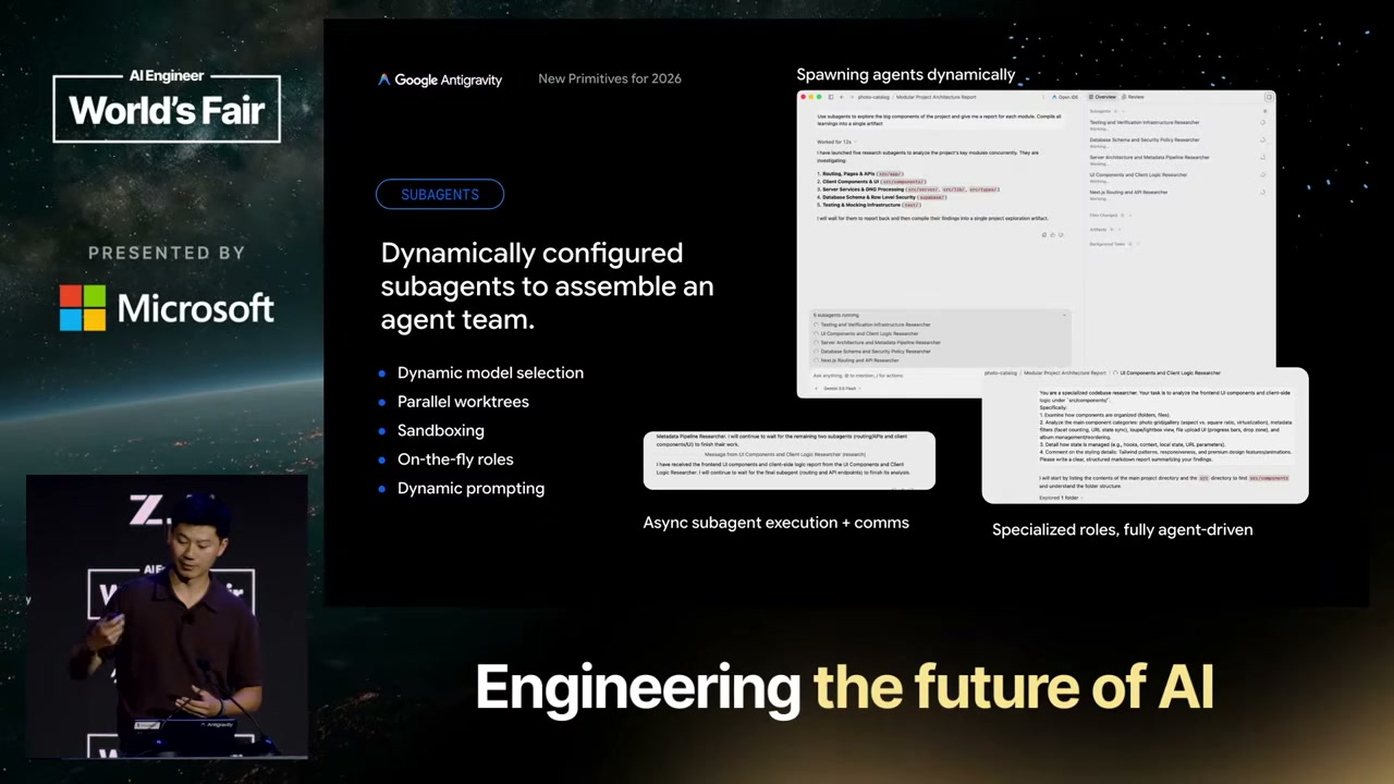 Antigravity slide: "Dynamically configured subagents to assemble an agent team" — Dynamic model selection, Parallel worktrees, Sandboxing, On-the-fly roles, Dynamic prompting