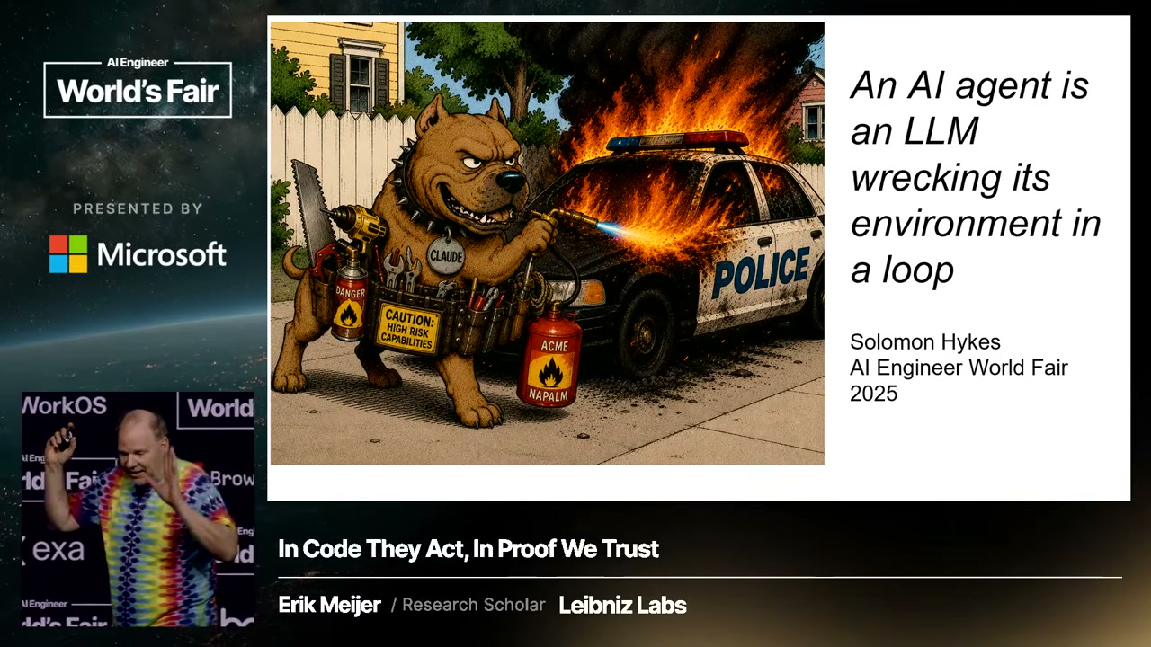 Erik Meijer's opening slide quoting Docker founder Solomon Hykes: "An AI agent is an LLM wrecking its environment in a loop"