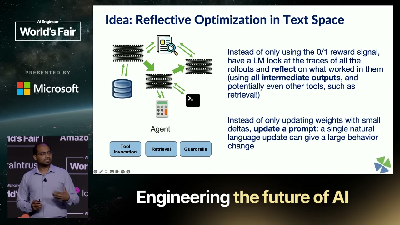 GEPA slide: "Reflective Optimization in Text Space — a single natural-language update can give a large behavior change"