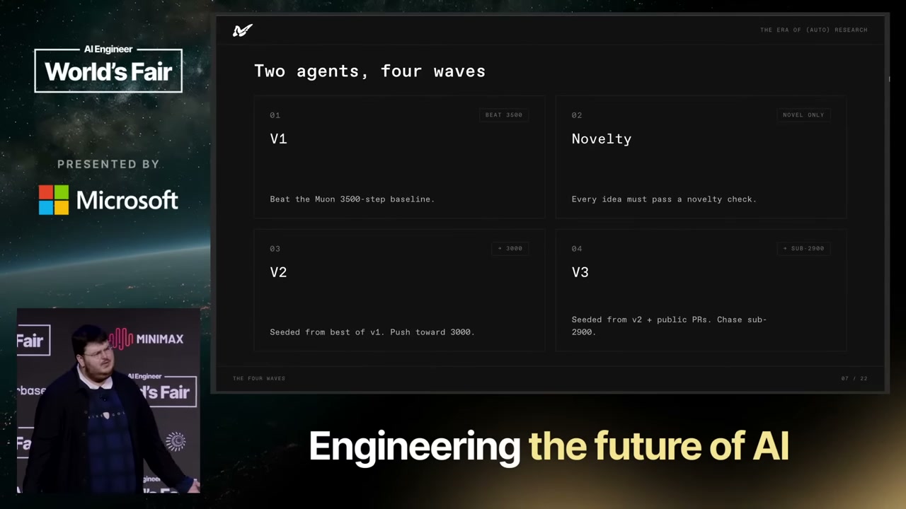 Prime Intellect slide: "Two agents, four waves" — Codex vs Claude Code on the speedrun, novelty/versioning waves