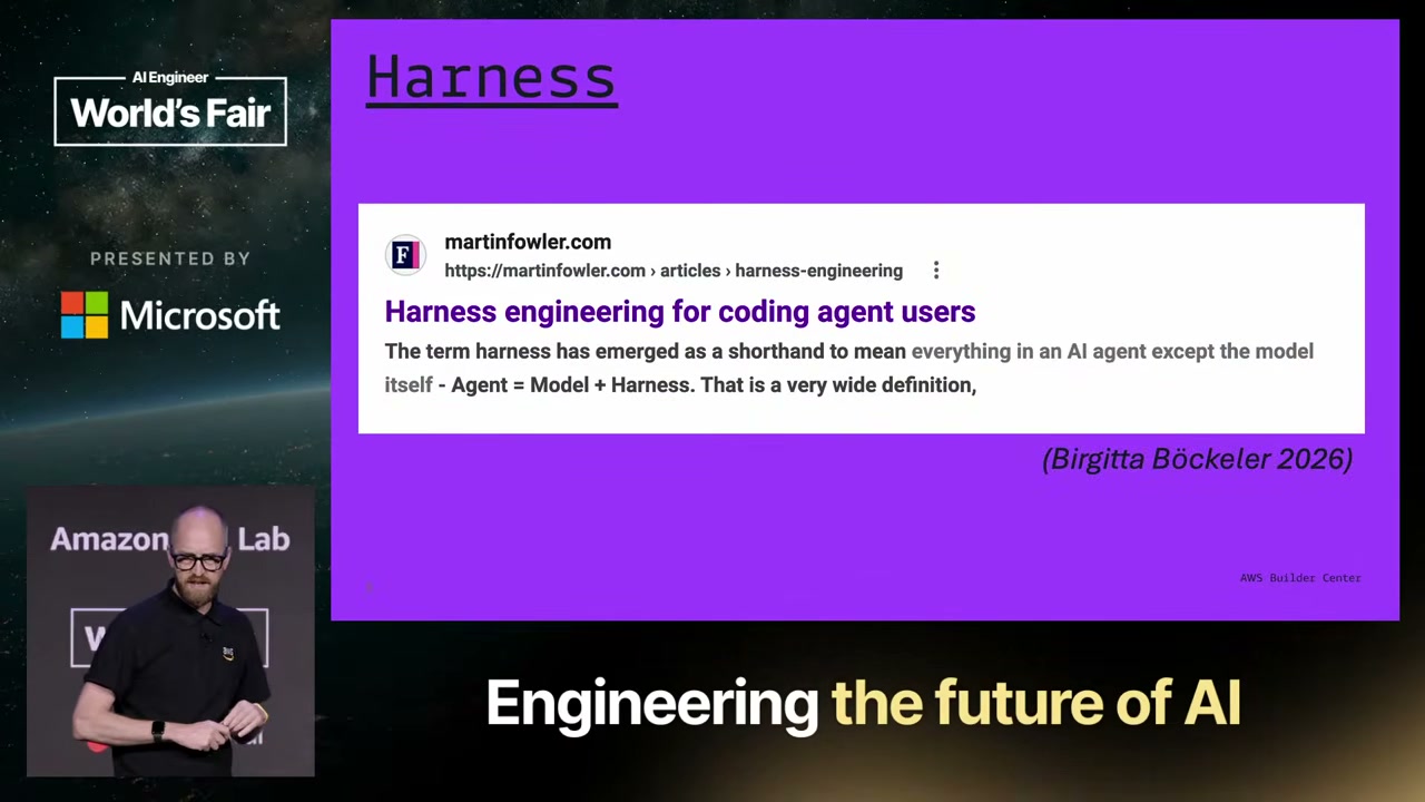Mike Chambers slide quoting Birgitta Böckeler: "Harness engineering for coding agent users — everything in an AI agent except the model itself. Agent = Model + Harness."