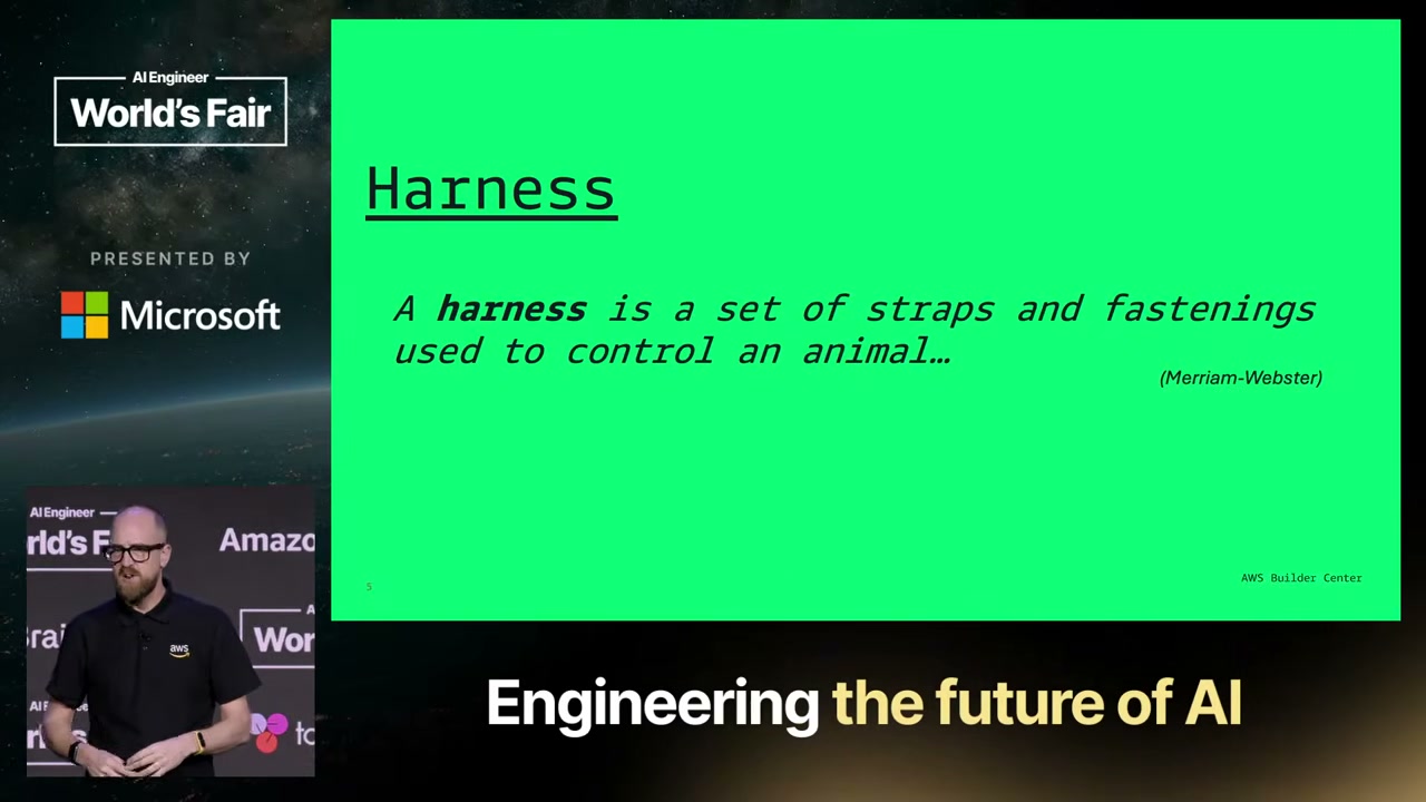 Mike Chambers slide: "Harness — A harness is a set of straps and fastenings used to control an animal… (Merriam-Webster)"