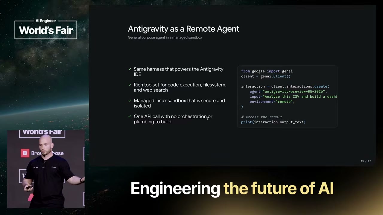 Philipp Schmid slide: "Antigravity as a Remote Agent — general-purpose agent in a managed sandbox: same harness as the Antigravity IDE, rich toolset, managed Linux sandbox that is secure and isolated, one API call, no orchestration plumbing"