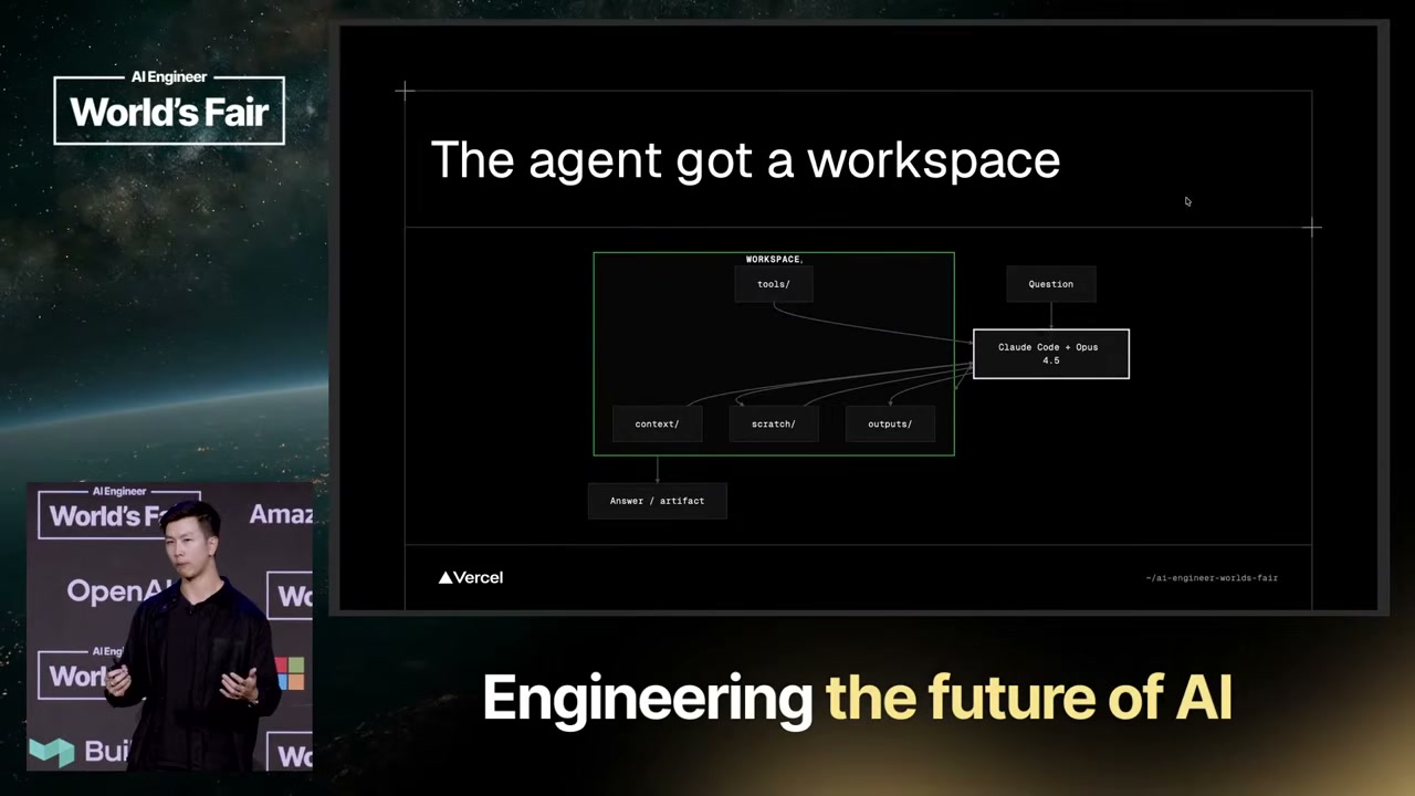Vercel slide: "The agent got a workspace" — filesystem/sandbox workspace with list/read/bash tools