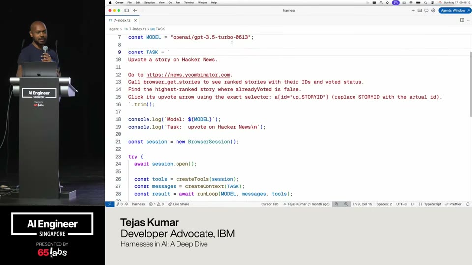 IBM's harness deep-dive: the harness — not the prompt — owns the loop (BrowserSession, createTools, createContext, runLoop) and injects capabilities the model can't grant itself.