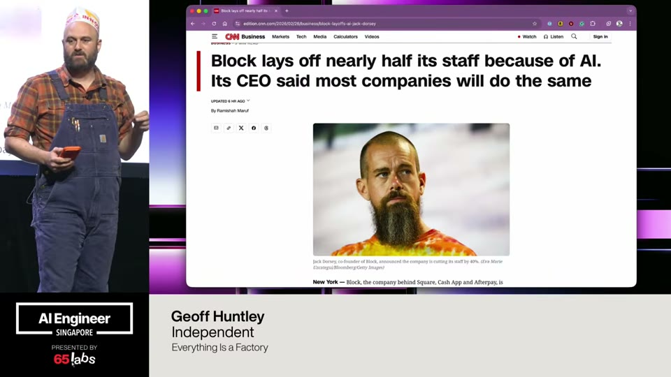 Geoff Huntley, “Everything Is a Factory”: opens on Block cutting ~40% of staff “because of AI,” arguing software abundance reshapes org size.